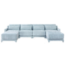 Elegant Four-Seater Sofa with Movable Ottoman and Lumbar Pillow in Sky Blue Chenille with Solid Wood Frame