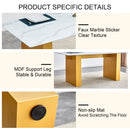 Table and chair set.Large modern rectangular table with 0.4 inch patterned glass tabletop and large MDF table legs.Comes with 8 chairs with faux leather cushioned seats and golden metal legs.