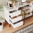 Buffet cabinet with storage, kitchen side panel storage room with doors and 3 drawers, pantry cabinet display rack, console, dining table manager furniture, living room dining room white