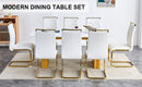 Table and chair set.Large modern rectangular table with 0.4 inch patterned glass tabletop and large MDF table legs.Comes with 8 chairs with faux leather cushioned seats and golden metal legs.