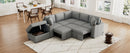 Multi-Functional Sectional Sofa Convertible Pull-out Bed with Storage Ottoman, USB Ports, Cup Holders, Chenille, Gray, 84.7'