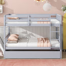 Full Over Full Rubber Wood Bunk Bed with Trundle, Ladder and Guardrails, Convertible to 2 Full Size Beds, with Twin Size Trundle,Light Grey