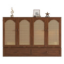 Queen Size Murphy Bed, Pine Wood Cabinet Bed with Power Station and Rattan Decoration Panel,Walnut