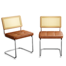 Natural Rattan Dining Chairs Set of 2, Modern Dining Room Chairs with Solid Wood Back for Kitchen Living Room, Mid Century Breuer Design Inspired, Upholstered Faux Leather (Brown)