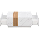 Modern 35.4 x 23.6 Inch Two-tone Coffee Table with Faux Marble and Walnut Wood Grain Finish, Rectangular Center Table with 2 Storage Drawers, Practical Cocktail Table for Living Room, White