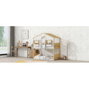 Twin over Twin House Bunk Bed with Roof, Window, Window Box, Door, with Safety Guardrails and Ladder, Natural/White