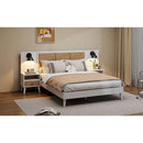 Queen Size Solid Wood Bed Frame with 2 Nightstands, Elegant Design with Lamps, Rattan and Wood Combination,White