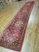Persian Hamadan Runner Rug 2.8 x 14, Red, Vintage Handmade Wool Runner Rug