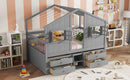 Full Size House Loft Bed with Roof, Windows,4 Storage Drawers,Pine Wooden Bed with Safety Guardrails,Ladder,Grey