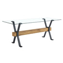 Table and chair set.79'x31.5' Inch Tempered Glass Tabletop With X-shaped Black Metal Table Legs,Wood Grain Textured MDF Crossbeam.Paired With 10 Black PU Dining Chairs with Walnut Color Metal Leg.