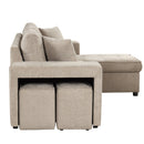 Modern L-Shape 3 Seat Reversible Sectional Couch with Pull Out Sleeper, Storage Chaise & 2 Stools, Cream, Linen Chenille
