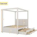 Full Size Upholstery Canopy Platform Bed with Trundle and Three Storage Drawers, Beige