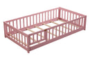 Twin size Floor Platform Bed with Fence and Door ,Pink
