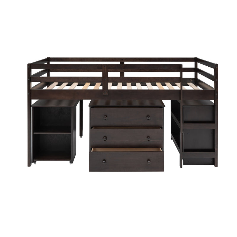 Low Study Twin Loft Bed with Cabinet and Rolling Portable Desk - Espresso