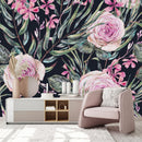 Elegant Dark Wallpaper with Pink Flowers Contemporary