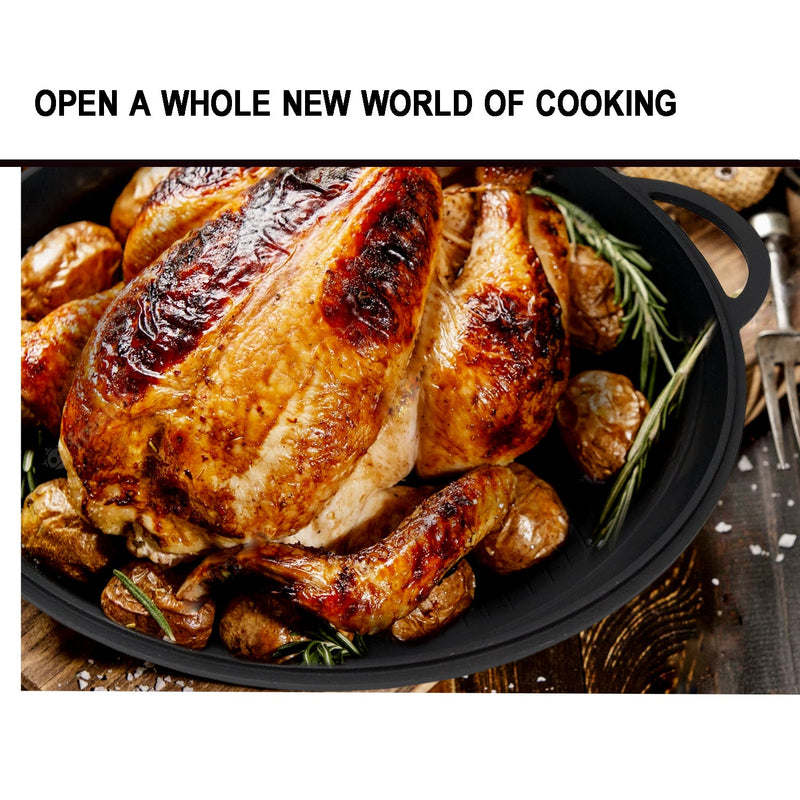 8,45 quart Braiser Pan WOK High-Quality Cast Iron with a Frying Pan Lid 2 in 1, Outdoor Cooking