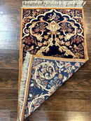 Persian Isfahan Rug 2x4, Birds, Navy Blue, Kork Wool on Silk Foundation, 460 KPSI