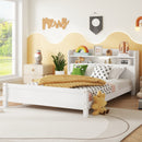 Full Pine Wood Bed with Bookcase Headboard ,LED Motion Sensor Light, Bed Guardrails,White