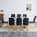 Table and chair set.Large modern rectangular table with 0.4 inch patterned glass tabletop and large MDF table legs.Comes with 8 chairs with faux leather cushioned seats and golden metal legs.