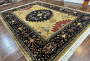 Indo Persian Heriz Rug 8x12, Camel Hair Tan and Navy Blue, Decorative