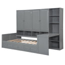 Twin Size Wooden Daybed With Three Drawers, and All-in-One Cabinet, Desk and Shelves, Gray