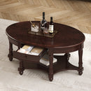 Vintage Oval Coffee Table with Drawer and Storage Shelf, Antique Cocktail Table in 45', French Country Accent Table for Living Room,Walnut