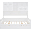 Full Size Wooden Daybed With Twin Size Trundle, and All-in-One Cabinet and Shelf, White