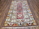 Turkish Caucasian Rug 4x7, Vintage Hand-Knotted Wool Turkish Talish Carpet 4 x 7, Cream, Burnt Orange Carmine Red Area Rug, Bohemian Rug
