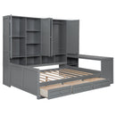 Full Size Wooden Daybed With Three Drawers, and All-in-One Cabinet, Desk and Shelves, Gray