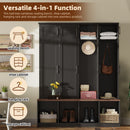 [Assembly Video Provided] Farmhouse Hall Tree with 4 Hidden Hanging Hooks, Versatile Walnut Seating Bench with 8 Doors, Entryway Shoe Cabinet with Open Compartments for Living Room, Black