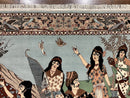 Indo Persian Pictorial Rug 4x7, Handmade Hand Knotted Wool Semi Antique Horizontal Carpet, Men & Women Drinking, Fine Rug, Bird Pictorials
