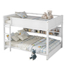 Queen Over Queen Bunk Bed with Built-in Storage Cabinets,Charging Station,Ladder,Safety Guardrails,Solid Pine Wood Bunk Bed,White