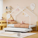 Twin Size Metal House Bed with Twin Size Trundle, White