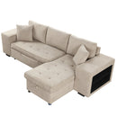 Modern L-Shape 3 Seat Reversible Sectional Couch with Pull Out Sleeper, Storage Chaise & 2 Stools, Cream, Linen Chenille