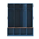 [Assembly Video Provided]  Farmhouse Hall Tree with 4 Hidden Hanging Hooks, Versatile Walnut Seating Bench with 8 Doors, Entryway Shoe Cabinet with Open Compartments for Living Room, Blue