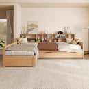 Twin Size Wooden L Shaped Daybed with Under-bed Trundle and Storage Drawer, Versatile Corner Bed Frame with Bookcases for 3, Natural