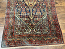 Antique Persian Runner Rug 3.7 x 15.8, Navy Blue Multicolor, Hand Knotted Handmade Wool Rug for Hallway, Geometric Medallions, Persian Hamadan Rug