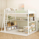Full Size Metal Loft Bed with Desk, Storage Shelves and Charging Station, White