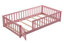 Twin size Floor Platform Bed with Fence and Door ,Pink