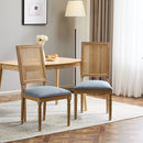 Set of 2 French Country Dining Chairs with Elegant Cane Backrest & Upholstered Seats in Slate Blue, Solid Rubberwood Frame