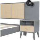 Queen Size Solid Wood Bed Frame with 2 Nightstands, Elegant Design with Lamps, Rattan and Wood Combination,Gray