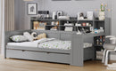 Wooden Twin Size Daybed with Storage Shelves, Multi-functional Bed with Twin Size Trundle Bed and  Study Desk, Gray