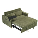 The pull-out and push-in green corduroy sofa with dual functions, equipped with a movable tabletop and USB ports, is suitable for use in living rooms and bedrooms.
