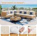110 Inch Large 7 Piece Wicker Outdoor Patio Set Beige Cushions