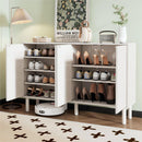 ON-TREND Minimalist Shoe Cabinet with 5 Solid Wood Legs, Cream Style Sideboard Buffet Cabinet with Fluted Doors, Large 4-Door Storage Cabinet with Adjustable Shelves for Living Room, White, 55.1*13.7'