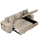Modern L-Shape 3 Seat Reversible Sectional Couch with Pull Out Sleeper, Storage Chaise & 2 Stools, Cream, Linen Chenille