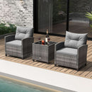 3 Piece Patio Furniture Set Outdoor PE Rattan Conversation Set With Washable Cushions And Tempered Glass Table Grey