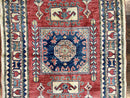 Turkish Kazak Rug 3x4, Wool Hand Knotted Small Vintage Carpet, Red Navy Blue, 3 x 4 Oriental Rug, Geometric Design