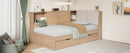 Wooden Twin Size L-shaped Daybed Corner Bed Under-bed Drawers  with Storage Bookcase and Upholstered Headboard and USB Charging Ports for Limited Space,Natural