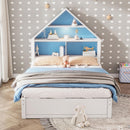 Full Size House-Shaped Bed with Bookcase Headboard and Led Light and Twin Size Trundle for Kids Boys Girls, Blue+ White